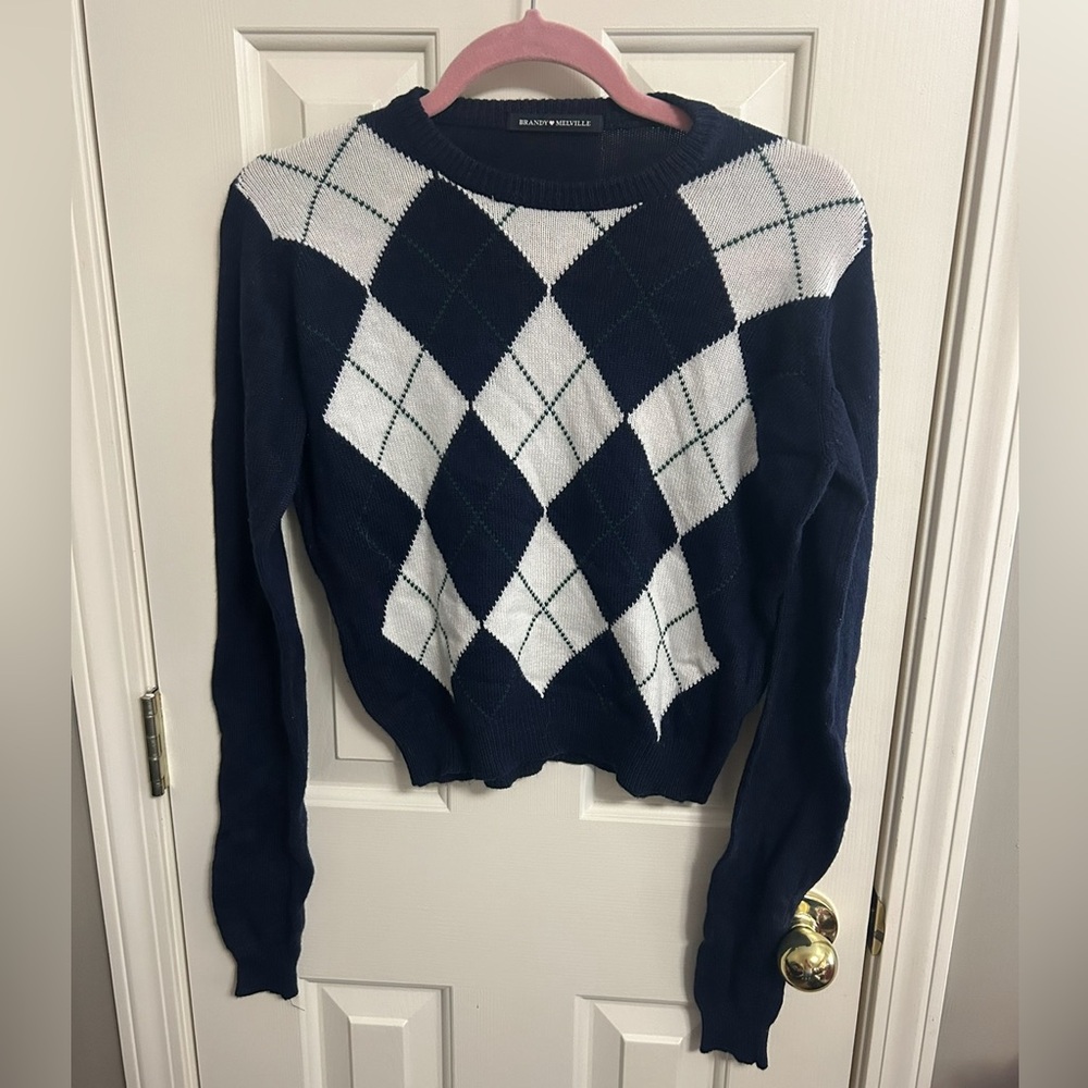Brandy Melville Navy Argyle Cropped Sweater One Size Wool Cashmere - Picture 1 of 4